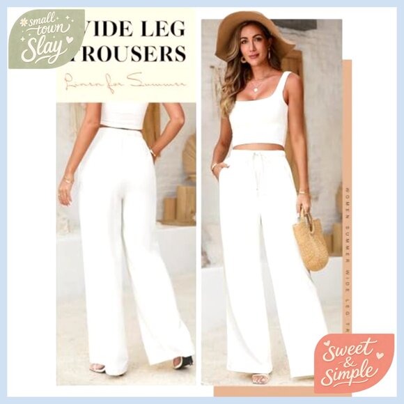 High Waisted Wide Leg Linen Pants Drawstring Palazzo Trousers Casual - Picture 4 of 7